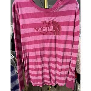 The North Face Shirt Women L Pink Stripe Long Sleeve Embroidered Logo
